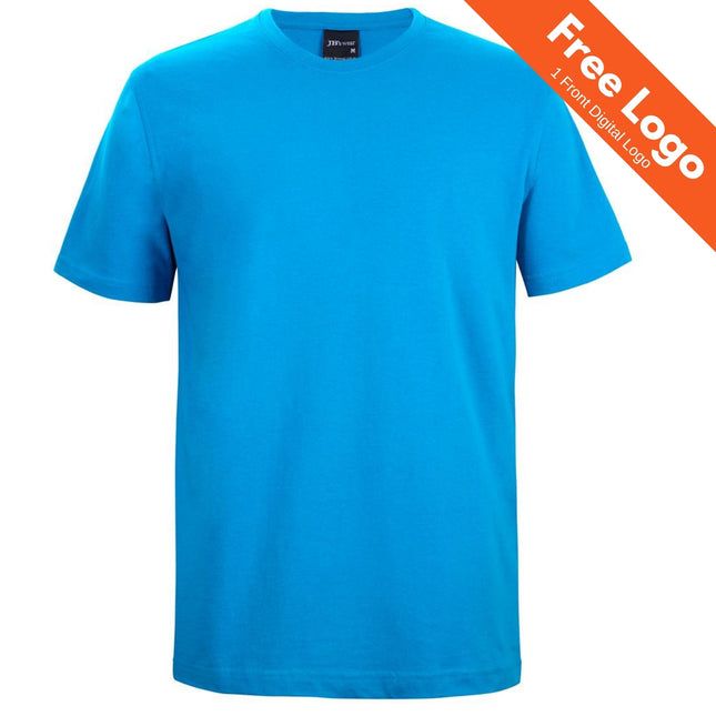 The JB's Wear Classic Tee 100% Cotton, by JB's Wear, is shown in bright blue with short sleeves on a white background. An orange banner at the top right says: Free Logo - 1 Front Digital Logo—ideal for team uniforms.