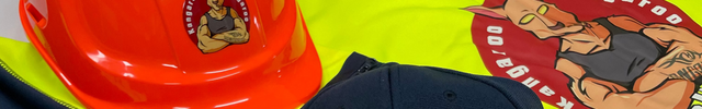 An orange hard hat, a navy blue baseball cap, and a yellow hi-vis work shirt, all featuring a custom printed muscular kangaroo logo.
