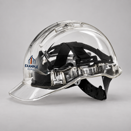 Clear Suregard CV63 hard hat with an example full-colour front logo and visible internal suspension harness on a grey studio background
