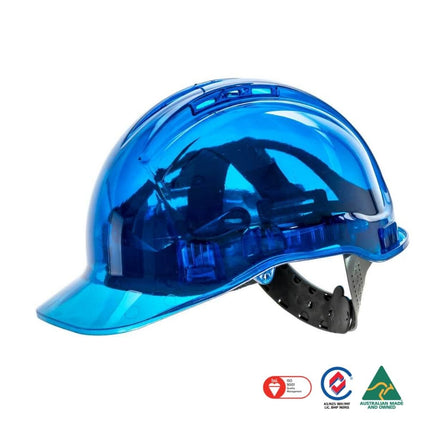 A translucent blue hard hat with a visor and a black adjustable chin strap, shown on a white background with certification logos at the bottom.