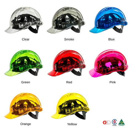Nine hard hats in different translucent colors are arranged in a 3x3 grid on a white background, with labels underneath: Clear, Smoke, Blue, Green, Red, Pink, Orange, and Yellow. Small certification logos appear in the bottom right corner.