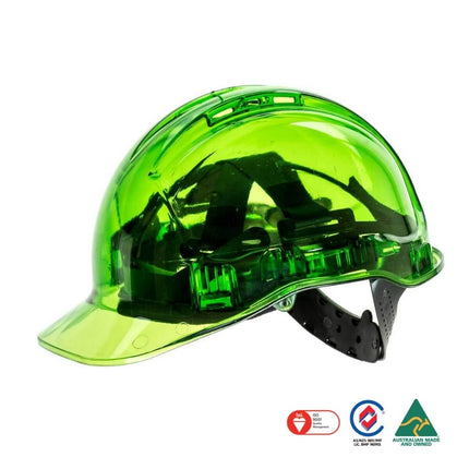 A translucent bright green hard hat with a visor and black adjustable interior straps, shown on a white background with certification logos at the bottom.