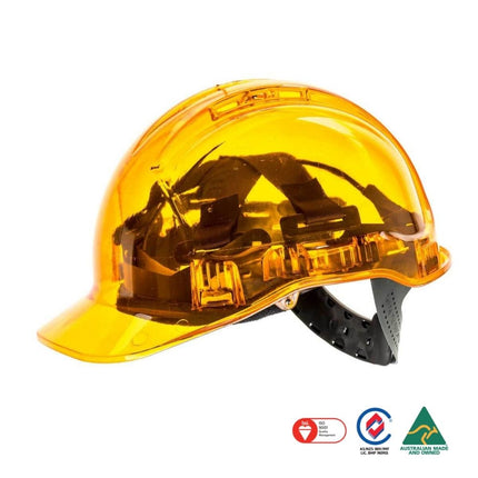 An amber yellow hard hat with a clear visor and black chin strap, shown on a white background with certification logos at the bottom.