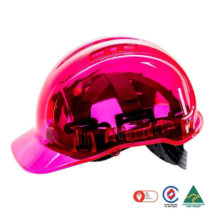 A glossy translucent pink hard hat with a visor and black interior straps, shown on a white background with certification logos at the bottom right.