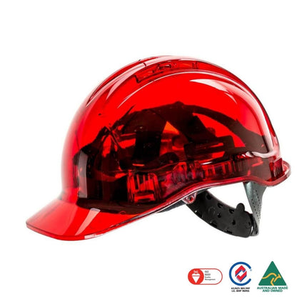 A glossy translucent red hard hat with a black adjustable chin strap, shown on a plain white background with certification logos at the bottom.
