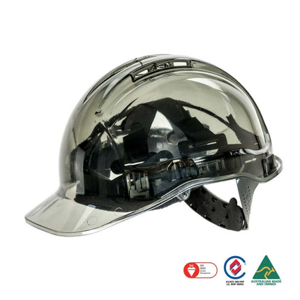A glossy, reflective hard hat with a visor and adjustable chin strap, shown on a plain white background with certification logos at the bottom.