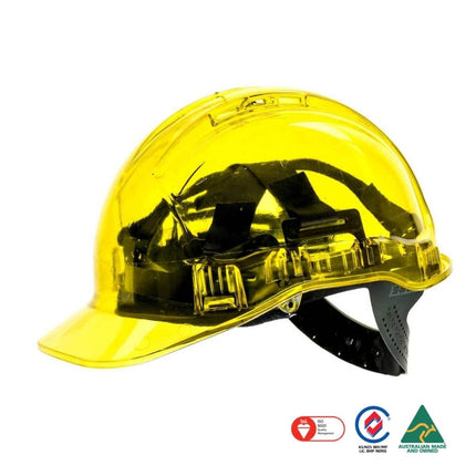 A yellow hard hat with a clear visor and black chin strap, shown on a white background with certification logos at the bottom.