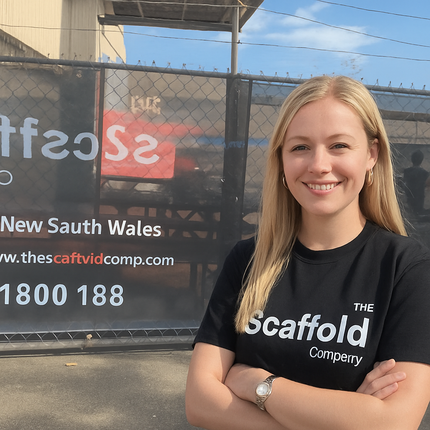 Woman wearing a black t-shirt with 'The Scaffold Company' logo standing in front of a branded mesh banner on fence.