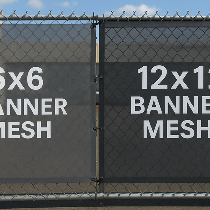 Two sections of banner mesh with dimensions '6x6' and '12x12' displayed on a fence.