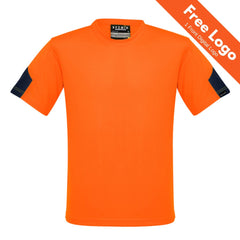 The Syzmik Hi-Vis Squad Tee by Syzmik is a bright orange short-sleeve workwear t-shirt with dark navy sleeve patches. A diagonal orange banner in the top right says “Free Logo | 1 Front Digital Logo” in white text.