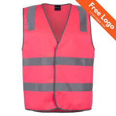 The JB's Wear Hi-Vis Safety Vest (Day/Night) features two horizontal reflective gray stripes, gray edging, and comes in bright pink. Includes a Free Logo 1 Front Digital Logo—ideal reflective workwear for visibility anytime.