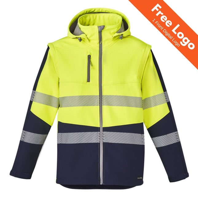 The Syzmik Convertible Hi-Vis Day & Night Softshell Jacket/Vest by Syzmik features yellow and navy colors, reflective stripes, chest zipper pocket, hood, and a “Free Logo: 1 Front Digital Logo” banner on an orange background.