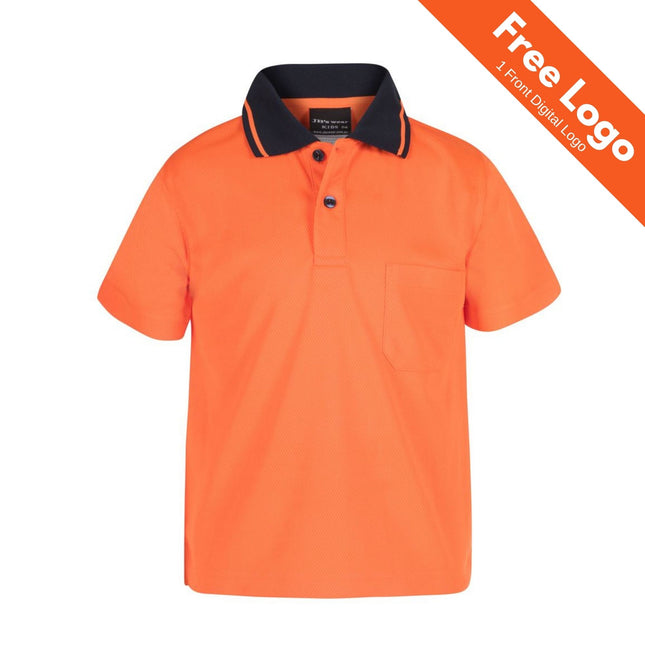 JB's Hi-Vis Non-Cuff Kids Polo Shirt by JB's Wear: bright orange short-sleeve polo with black collar and chest pocket—perfect for custom workwear. Orange banner in top right says "Free Logo 1 Front Digital Logo" in white text.