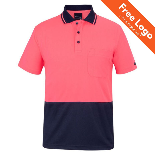 JB's Wear JB's Hi-Vis Non-Cuff Traditional Polo features a bright pink upper, navy blue lower, front pocket, and buttons. An orange banner in the top right says: "Free Logo | 1 Front Digital Logo.