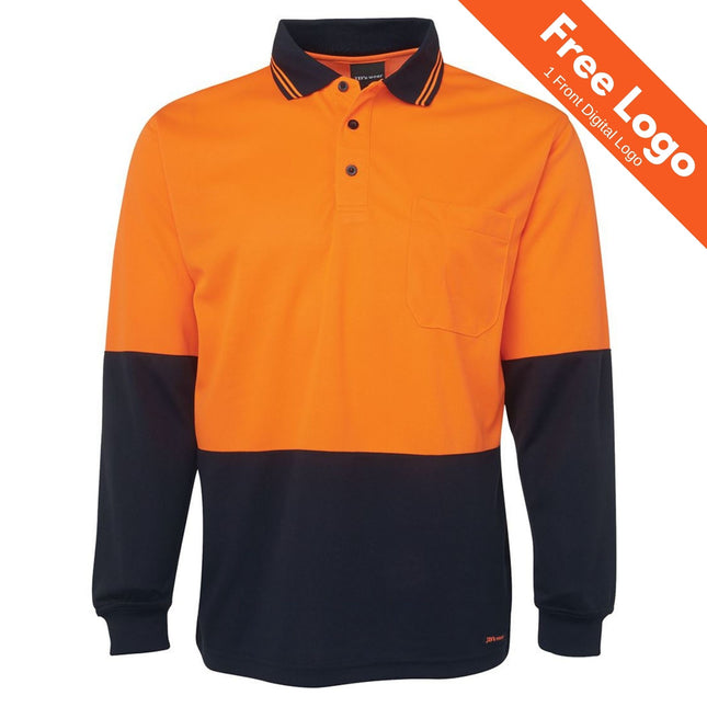 The JB's Wear Hi-Vis Long Sleeve Trad Polo features a bright orange top, black bottom, collar, front buttons, chest pocket, and a Free Logo banner—ideal for custom workwear or branded uniforms from JB's Wear.