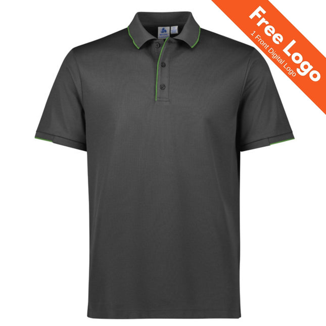 The Biz Collection Mens Focus Short Sleeve Polo is a dark grey polo with green trim, made from moisture-wicking fabric. An orange banner at the top right displays “Free Logo 1 Front Digital Logo.”.