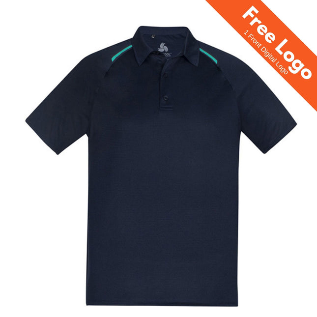 The Biz Collection Mens Academy Short Sleeve Polo is a navy blue, breathable polyester shirt with a collar, button placket, teal shoulder accents, and UPF 50+ protection. Includes Free 1 Front Digital Logo for added branding. Ideal for all-day comfort.