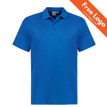The Biz Collection Kids Action Short Sleeve Polo is a sustainable blue polo for children, featuring a collar, three buttons, and an orange corner banner with “Free Logo: 1 Front Digital Logo”. From Biz Collection.