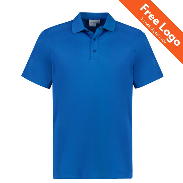 The Biz Collection Kids Action Short Sleeve Polo is a sustainable blue polo for children, featuring a collar, three buttons, and an orange corner banner with “Free Logo: 1 Front Digital Logo”. From Biz Collection.