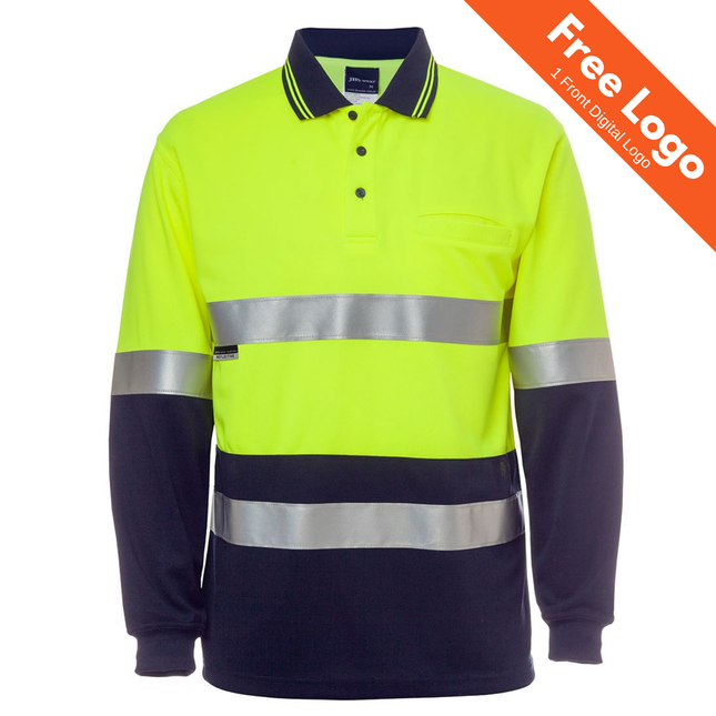 JB's Wear Hi-Vis (D+N) Long Sleeve Back Polo by JB's Wear features a fluorescent yellow top, reflective stripes, dark sleeves, and UPF 50+ protection. An orange banner says "Free Logo, 1 Front Digital Logo.