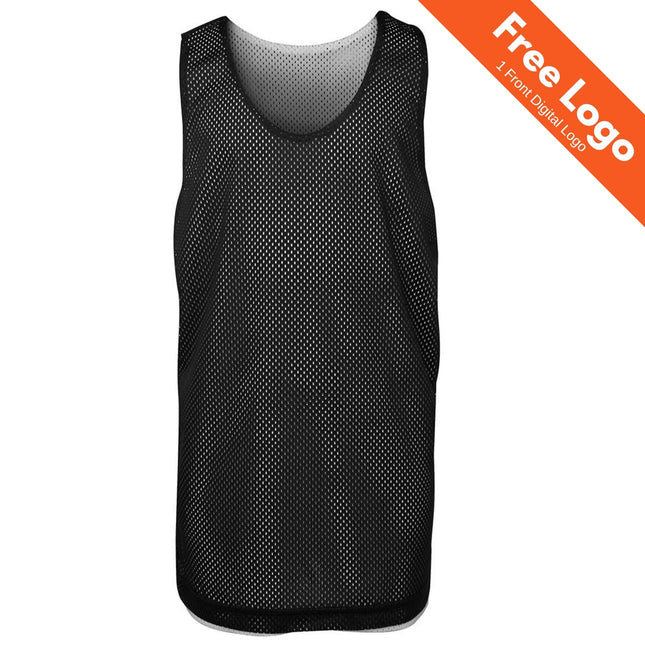 JB's Wear Podium Adult Reversible Training Singlet by JB's Wear features black moisture-wicking mesh, wide armholes, and a round neck. Displayed on a white background with an orange "Free Logo, 1 Front Digital Logo" banner in the corner.