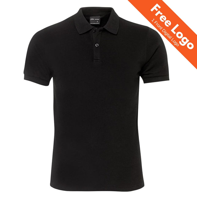 The JB's Wear Fitted Polo is a slim fit black short sleeve shirt with a collar and buttons. An orange banner in the top right corner displays "Free Logo, 1 Front Digital Logo." Brand: JB's Wear.