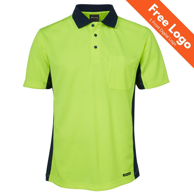 JB's Wear JB's Hi-Vis Short Sleeve Sport Polo features a bright yellow design with black collar and side panels, a front pocket, and moisture-wicking fabric for all-day comfort. Includes Free Logo orange banner in the top right corner.
