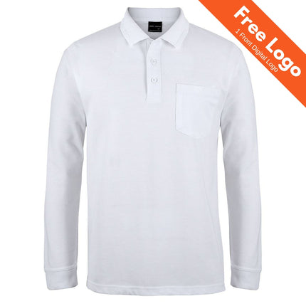 The JB's Wear 210 Long Sleeve Pocket Polo by JB's Wear is a durable poly-cotton work shirt with a front pocket, shown on white with an orange "Free Logo - 1 Front Digital Logo" banner.