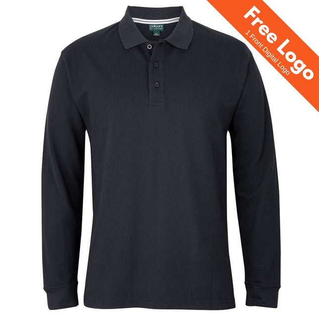The JB's Wear Long Sleeve Pique Polo is a plain black, 100% cotton, collared shirt with three buttons. An orange banner at the top right reads: Free Logo | 1 Front Digital Logo. Brand: JB's Wear.