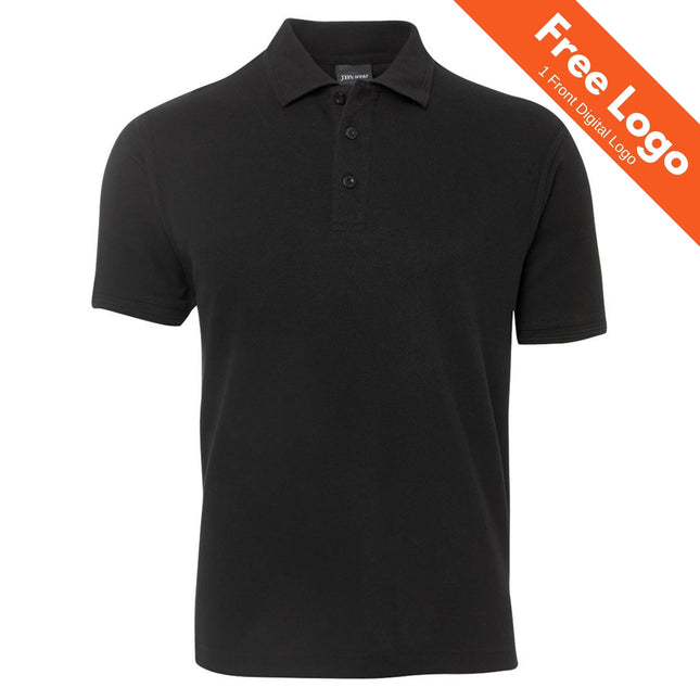 The JB's Wear Pique Polo by JB's Wear is a durable black polo shirt with a collar, short sleeves, and three buttons, shown on a white background. An orange banner in the top right corner says “Free Logo – 1 Front Digital Logo.”.