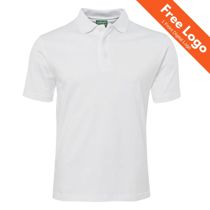 The JB's Wear Jersey Polo by JB's Wear is a plain white, short-sleeve, 100% cotton shirt with a collar and buttons. An orange banner in the top right corner says “Free Logo, 1 Front Digital Logo.”.