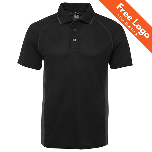 The JB's Wear Podium Cover Polo is a plain black short-sleeve polo with a collar and buttons, featuring Podium Cool moisture wicking. An orange “Free Logo, 1 Front Digital Logo” banner appears. Ideal for comfortable workwear all day.