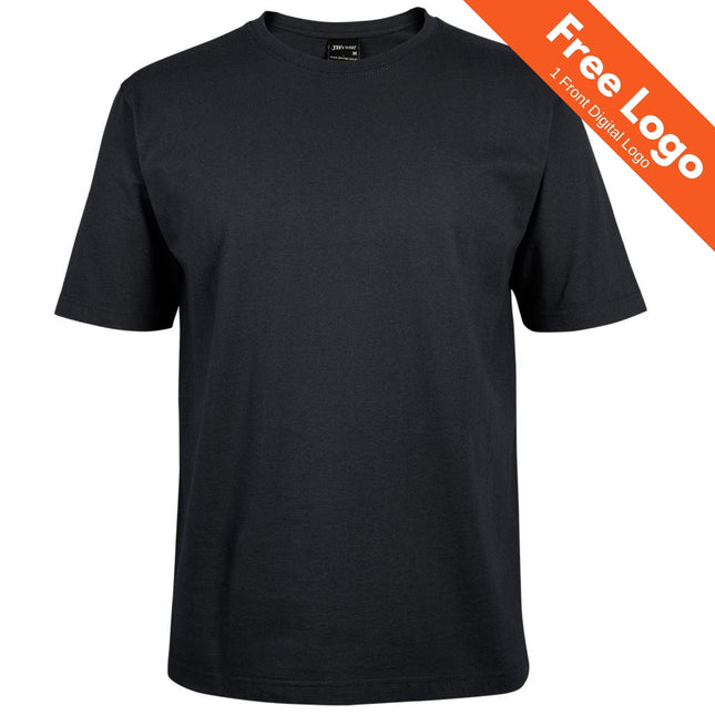 The JB's Wear Classic Tee 100% Cotton by JB's Wear is a plain black, short-sleeve shirt shown on a white background. An orange banner at the top right says Free Logo - 1 Front Digital Logo, ideal for team uniforms.