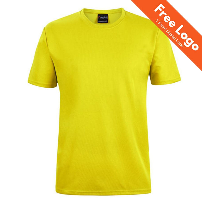 The JB's Wear Adult Podium Poly Tee in yellow, perfect for event staff uniforms, is displayed on a white background. An orange banner at the top right reads "Free Logo, 1 Front Digital Logo.