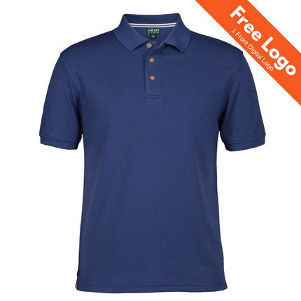 A JB's Wear Ottoman Polo shirt in plain navy blue with a collar and three buttons is displayed on white. An orange banner at the top right says: Free Logo 1 Front Digital Logo—perfect for smart corporate uniforms.