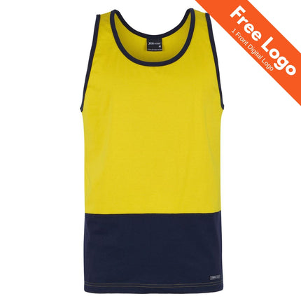 JB's Wear Hi-Vis Cotton Singlet: sleeveless tank with yellow upper and navy lower half, navy trim on neck and arms. Ideal for safety workwear. Orange "Free Logo 1 Front Digital Logo" banner included. Brand: JB's Wear.