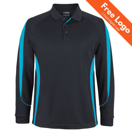 JB's Wear JB's Podium L/S Bell Polo, black with teal side panels and a buttoned collar, offers moisture-wicking workwear. An orange banner in the top right corner reads Free Logo 1 Front Digital Logo.