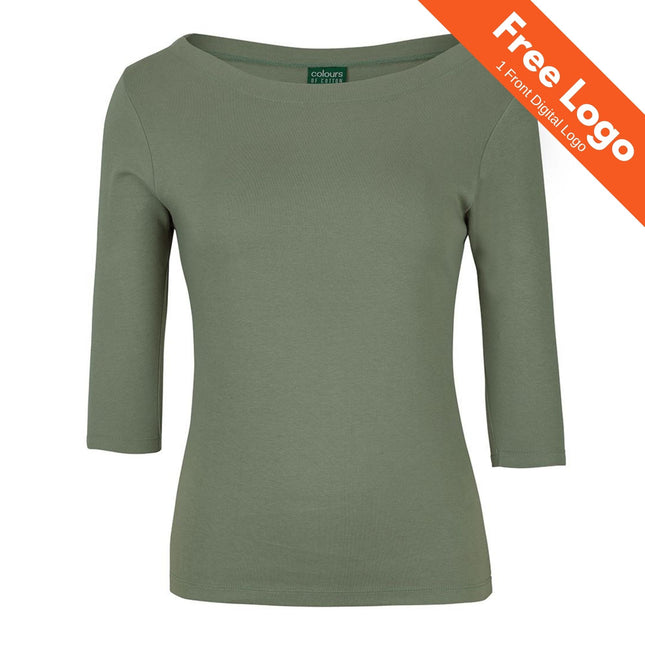 JB's Wear 3/4 Sleeve Boat Neck Tee by JB's Wear—olive green, fitted ladies style with three-quarter sleeves and rounded neckline, ideal for hospitality uniforms. Orange banner: Free Logo | 1 Front Digital Logo.