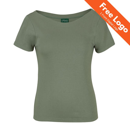 JB's Wear Ladies Boat Neck Tee in olive green, short-sleeve, shown on white background—ideal for hospitality uniforms. An orange banner says Free Logo: 1 Front Digital Logo. UPF 50+ sun protection. Brand: JB's Wear.