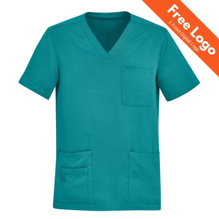 The Biz Care Mens Avery V-Neck Scrub Top in teal features three front pockets, moisture-wicking and wrinkle-resistant fabric. Shown on a white background with an orange "Free Logo - 1 Front Digital Logo" banner. Brand: Biz Care.