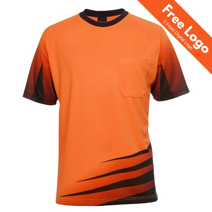 JB's Hi-Vis Rippa Sub Tee by JB's Wear: short-sleeved orange tee with black accents, front chest pocket, and black hem stripe—perfect for hi vis workwear. Banner: “Free Logo, 1 Front Digital Logo.”.