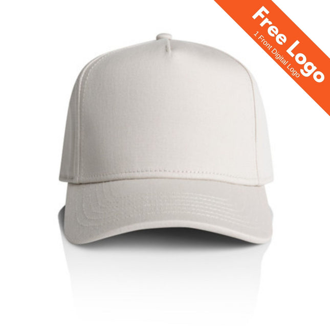 An AS Colour Frame Cap is displayed front-facing on a white background with a subtle shadow. An orange banner at the top right says “Free Logo | Front Digital Logo.” This plain white snapback cap from AS Colour is perfect for branded apparel.