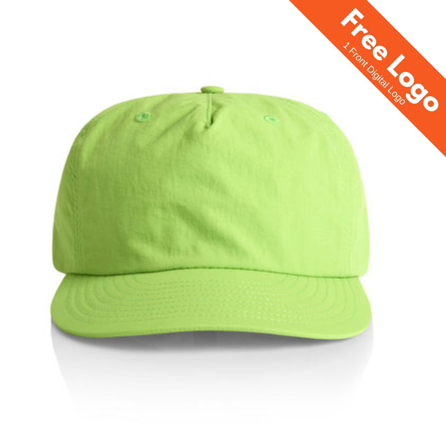A plain, bright green AS Colour Surf Cap by AS Colour, made from recycled nylon, is shown from the front with an orange corner banner that reads “Free Logo | 1 Front Digital Logo” in white text.