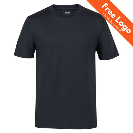 A JB's Wear Podium Stretch Tee, black, shown on a white background with an orange “Free Logo 1 Front Digital Logo” banner. Made by JB's Wear with moisture-wicking fabric for all-day comfort.