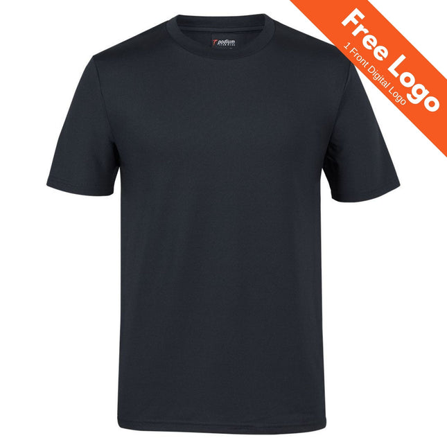A JB's Wear Podium Stretch Tee, black, shown on a white background with an orange “Free Logo 1 Front Digital Logo” banner. Made by JB's Wear with moisture-wicking fabric for all-day comfort.