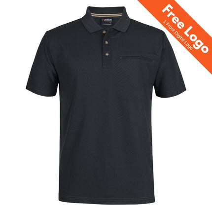 JB's Wear Podium Short Sleeve by JB's Wear: Black short-sleeve polo with chest pocket, three buttons, collar, and moisture-wicking fabric—ideal for corporate uniforms. Orange banner reads "Free Logo 1 Front Digital Logo" in white text.