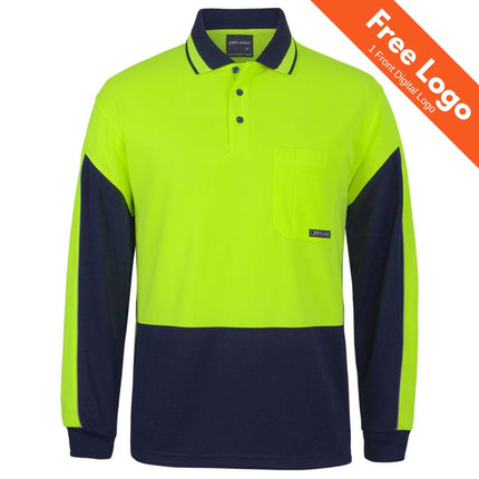 The JB's Wear JB's Hi-Vis Long Sleeve Gap Polo features neon yellow and navy, a chest pocket, collar, buttoned placket, and moisture-wicking fabric. A top right orange banner states “Free Logo, 1 Front Digital Logo.”.