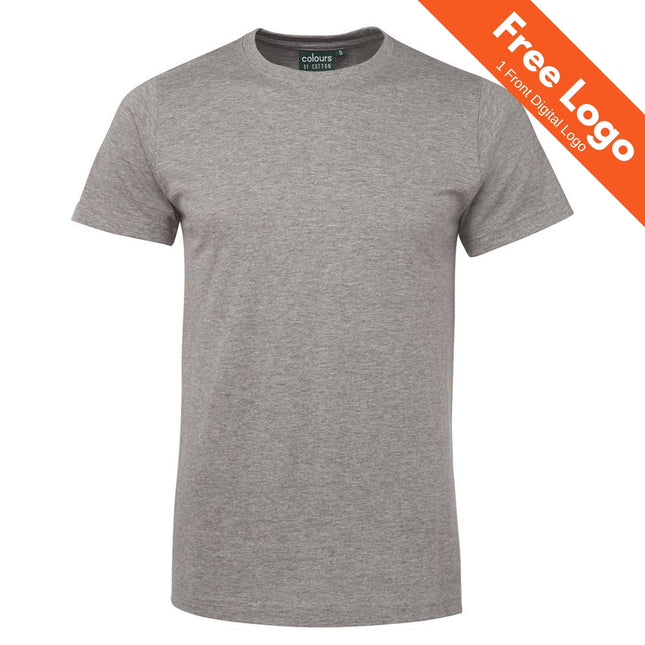 A plain light grey JB's Wear C Fitted Tee made from 100% cotton, shown on a white background. An orange banner in the top right corner reads “Free Logo” and “1 Front Digital Logo”—ideal for staff uniforms.