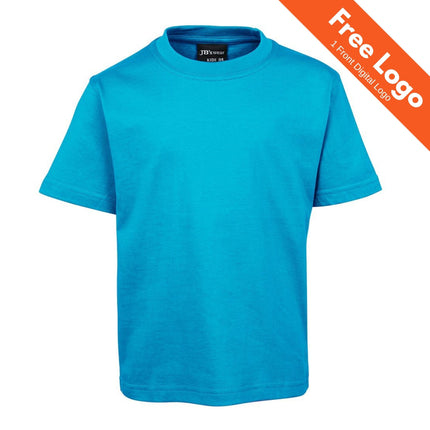 The JB's Wear Kids Tee 100% Cotton is a durable, plain turquoise t-shirt from JB's Wear, displayed on a white background with an orange "Free Logo - 1 Front Digital Logo" corner banner.
