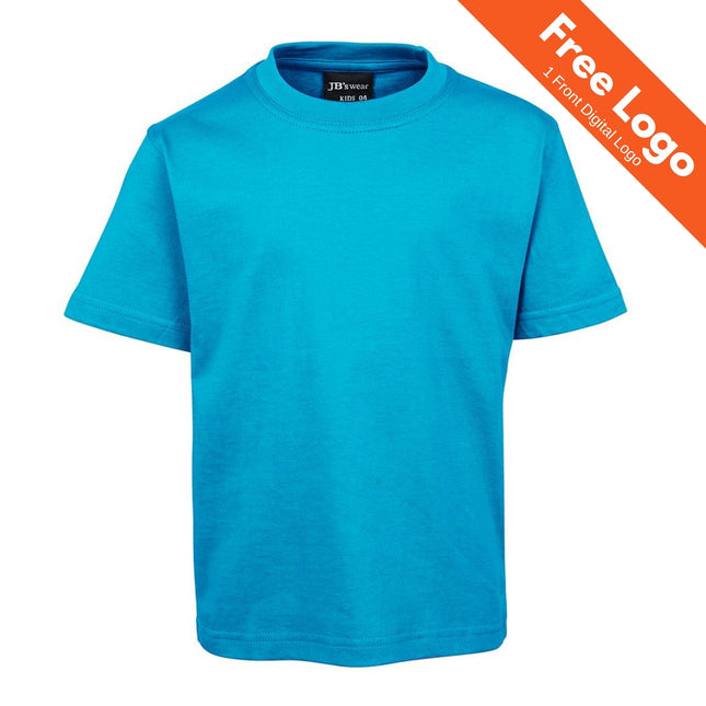 The JB's Wear Kids Tee 100% Cotton is a durable, plain turquoise t-shirt from JB's Wear, displayed on a white background with an orange "Free Logo - 1 Front Digital Logo" corner banner.